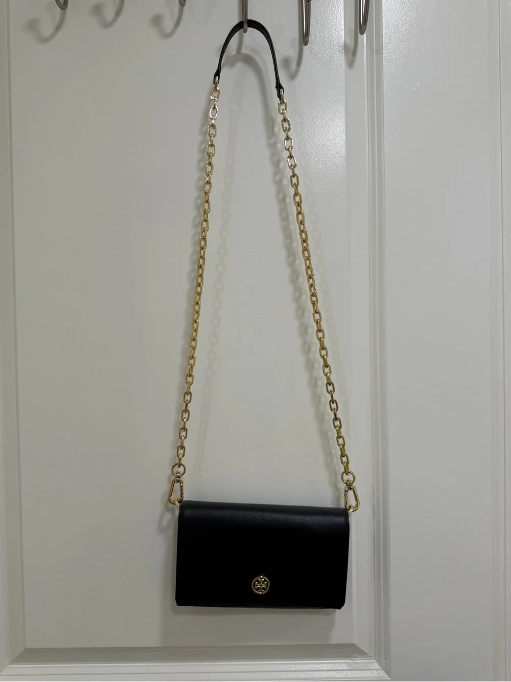 Tory Burch Black Leather Crossbody with Gold Chain